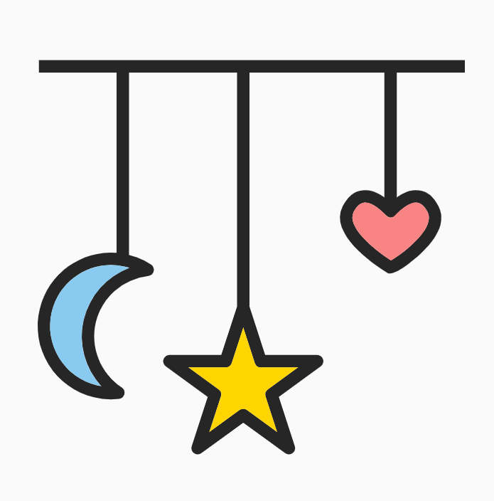 A mobile with a moon, a star, and a heart.
